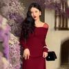 Engagement Toasts Bridal Red Robe Light Luxury Niche High-end Party High-end Sense One-word Shoulder Knitted Dress