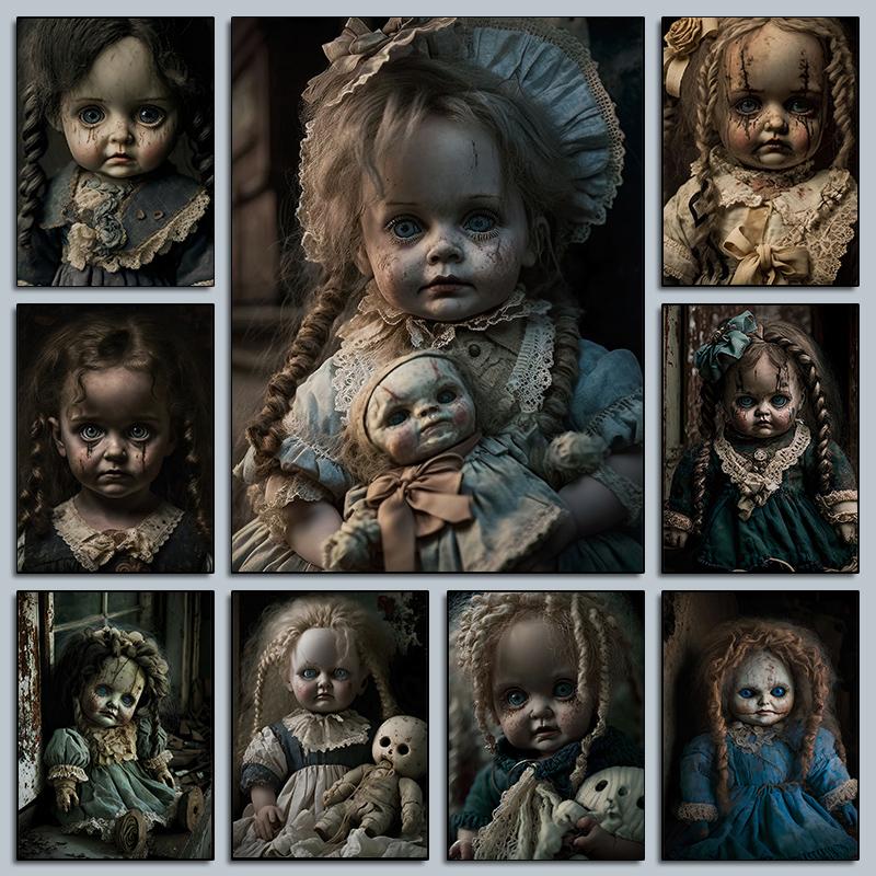 Vintage Gruselige Puppe Poster Blondes Haar Rissiges Gesicht Gotische Verfluchte Puppe Drucke Leinwandbild Wandbild Heim Wohnzimmer Dekor