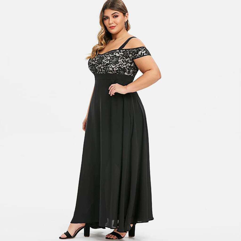 Plus Size Off-the-Shoulder Floral Lace Spaghetti Strap Chiffon Maxi Dress