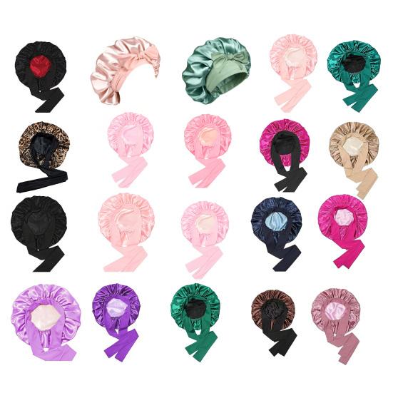 Double Layer Satin Sleeping Cap Solid Color Women Braids Long Curly Hair Night Sleep Cap Large Round Silk Hair Bonnet with Tie Band