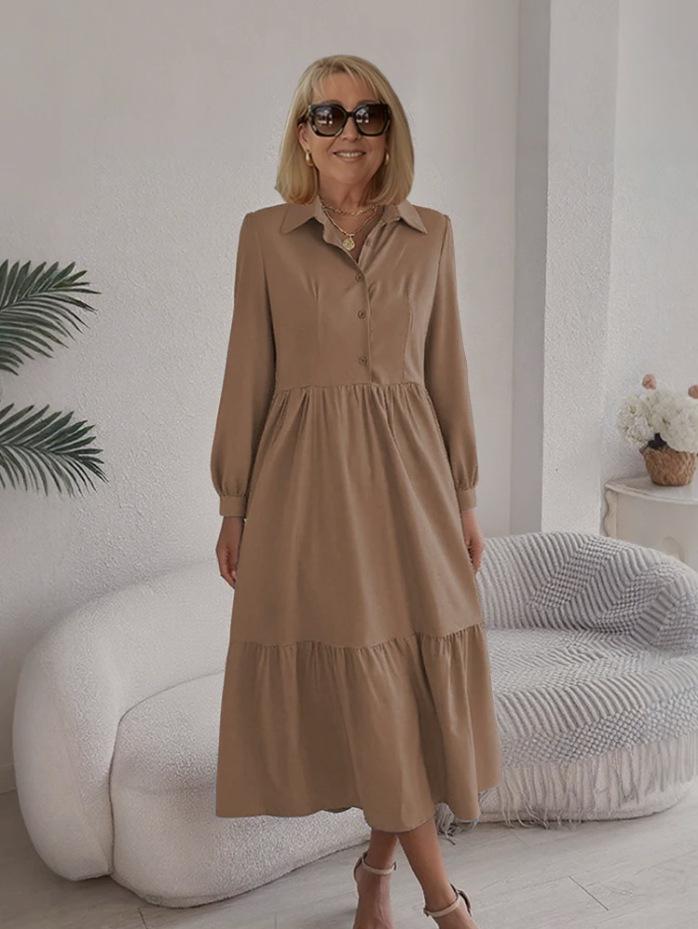 2025 Autumn/Winter Lapel Casual Long Sleeve Ruffle Shirt Dress for Women S хаки