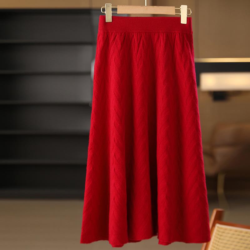 Women's Knitted A-Line Umbrella Skirt - Mid-Length Thickened Wool for Autumn/Winter 2025