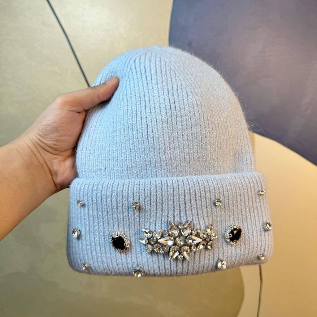 Light Luxury Rhinestone Rabbit Fur Beanie Women's Autumn and Winter White Knitted Hat Big Head Circumference Showing Face Small Baotou Cold Hat Trend