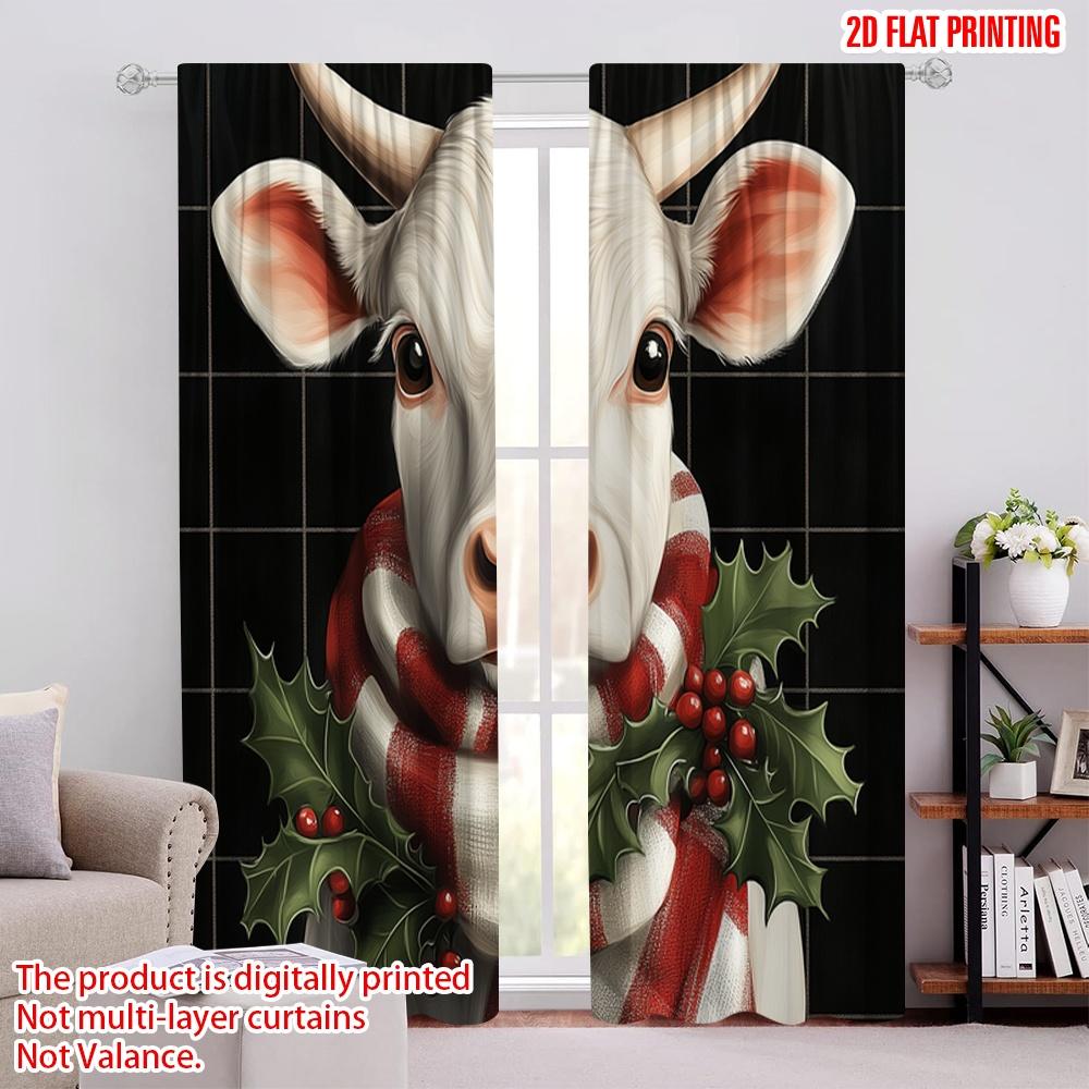 

2pcs,2D plane printing Popular Curtains Christmas Cow Holly Scarf (2) Versatile Fabric (without rod) Decorations Outdoor Ldeal 52.50 × 116.00 cm 2 pcs