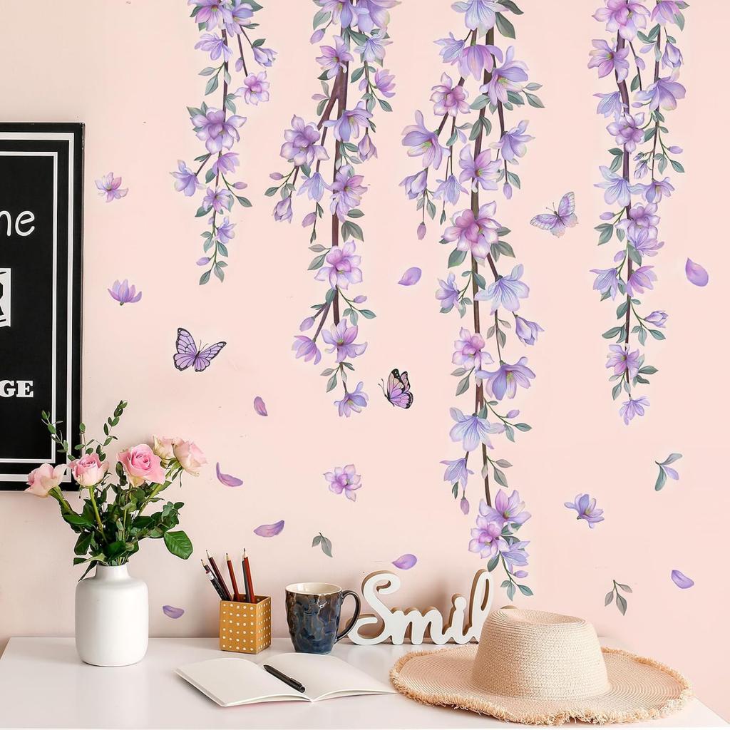 Purple Flower Butterfly Wall Decals, Watercolor Hanging Floral Self-Adhesive Stickers for Bedroom Girls Room Living Room