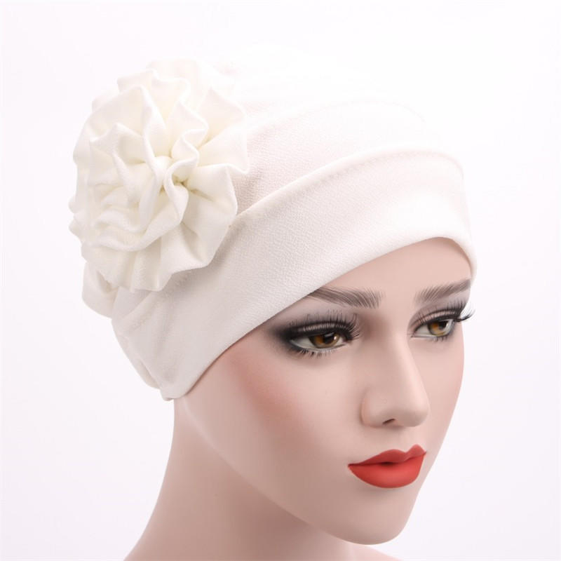 Muslim Fashion Solid Color Women Hijab Turban Beanie Hat Wth Flower Chemo Headwear Elastic Head Wrap Cap