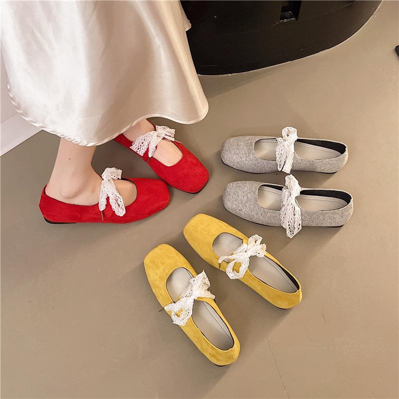 Lace Single Shoes Mary Jane Shoes Women's 2025 New Flat-bottomed Lace-up Retro Versatile Square Head Ballet Shoes Women