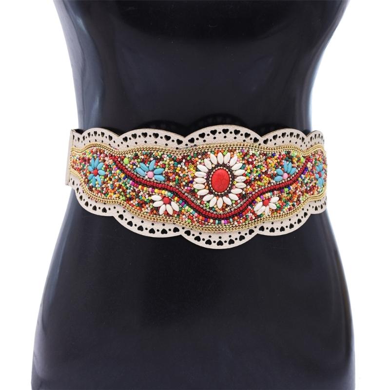 Bohemian Stretch Waist Belt Waistband with Ethnic Beads Accent Adjustable Wide Cinching Band for Dresses and Skirts