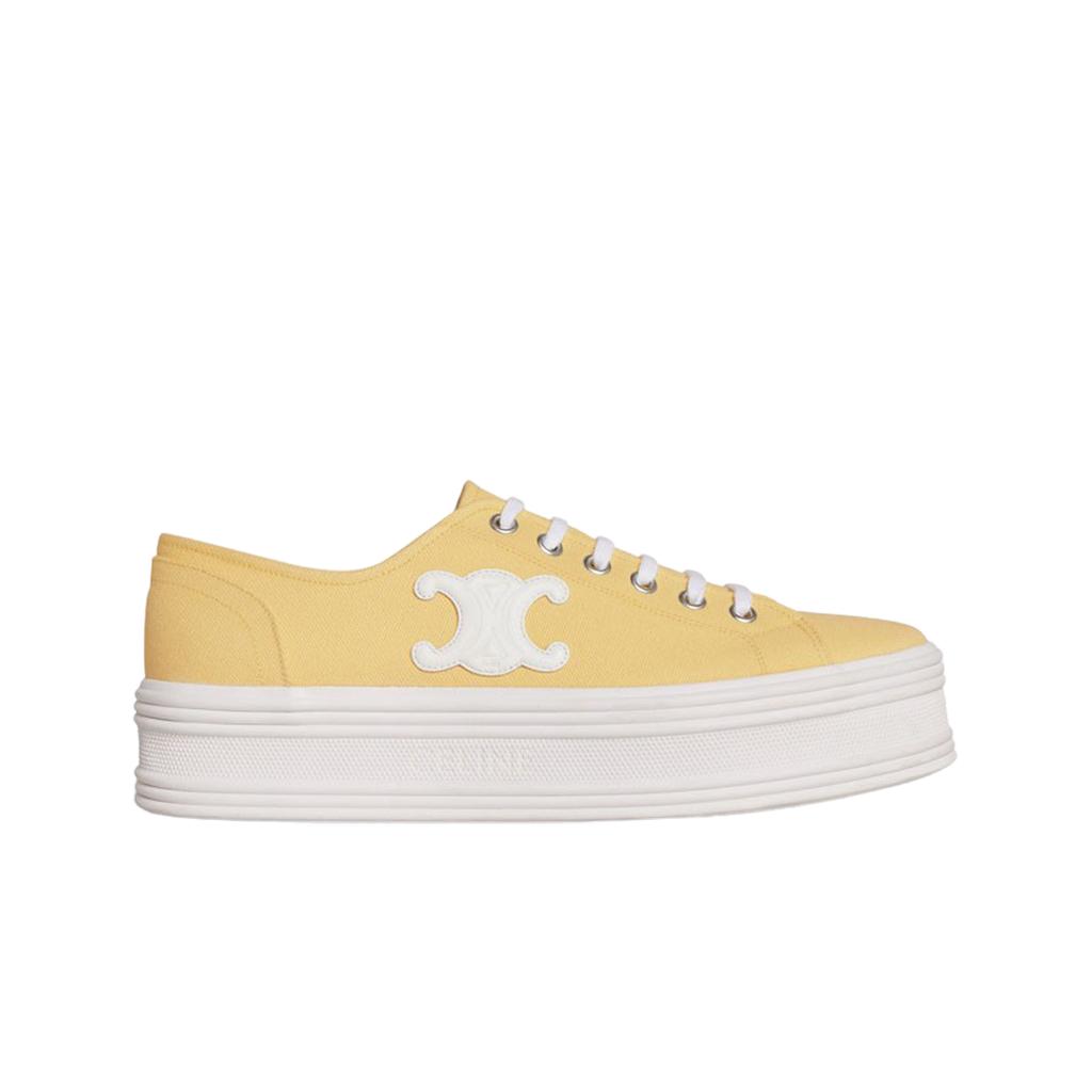 (w) Celine Jane Low Lace Up Sneakers In Canvas And Calfskin Light Yellow