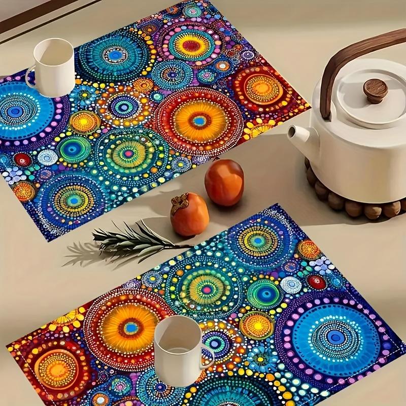 1PC Bohemian Vintage Style Linen Placemats, Abstract Art Print, Rectangular Table Mats for Dining, Kitchen