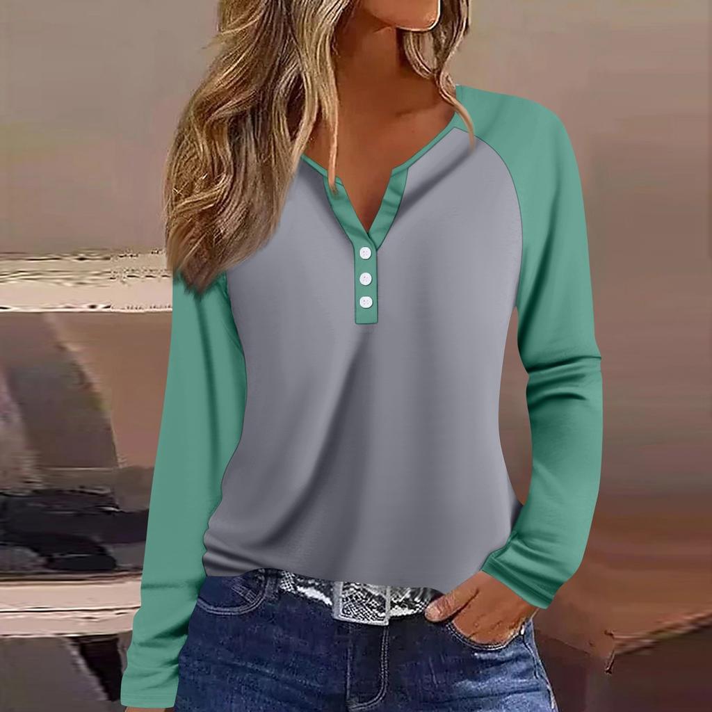 Women's T Shirt Color Block Button Long Sleeve Daily Weekend Fashion Basic V- Neck Regular Top