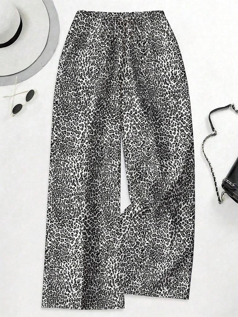 Women's Plus Size High Waist Leopard Print Wide Leg Pants - Summer Casual European American Style