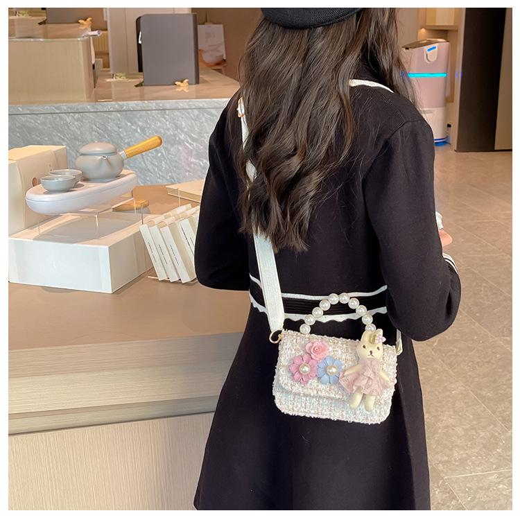 New Girls' Pearl Tweed Handbag: Trendy Little Flower Princess Crossbody Bag