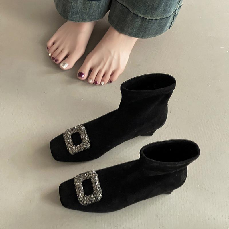 Fashion Retro Versatile Rhinestone Square Buckle Square Head Suede Women's New Autumn and Winter Thick Heel Heightening Medium Boots