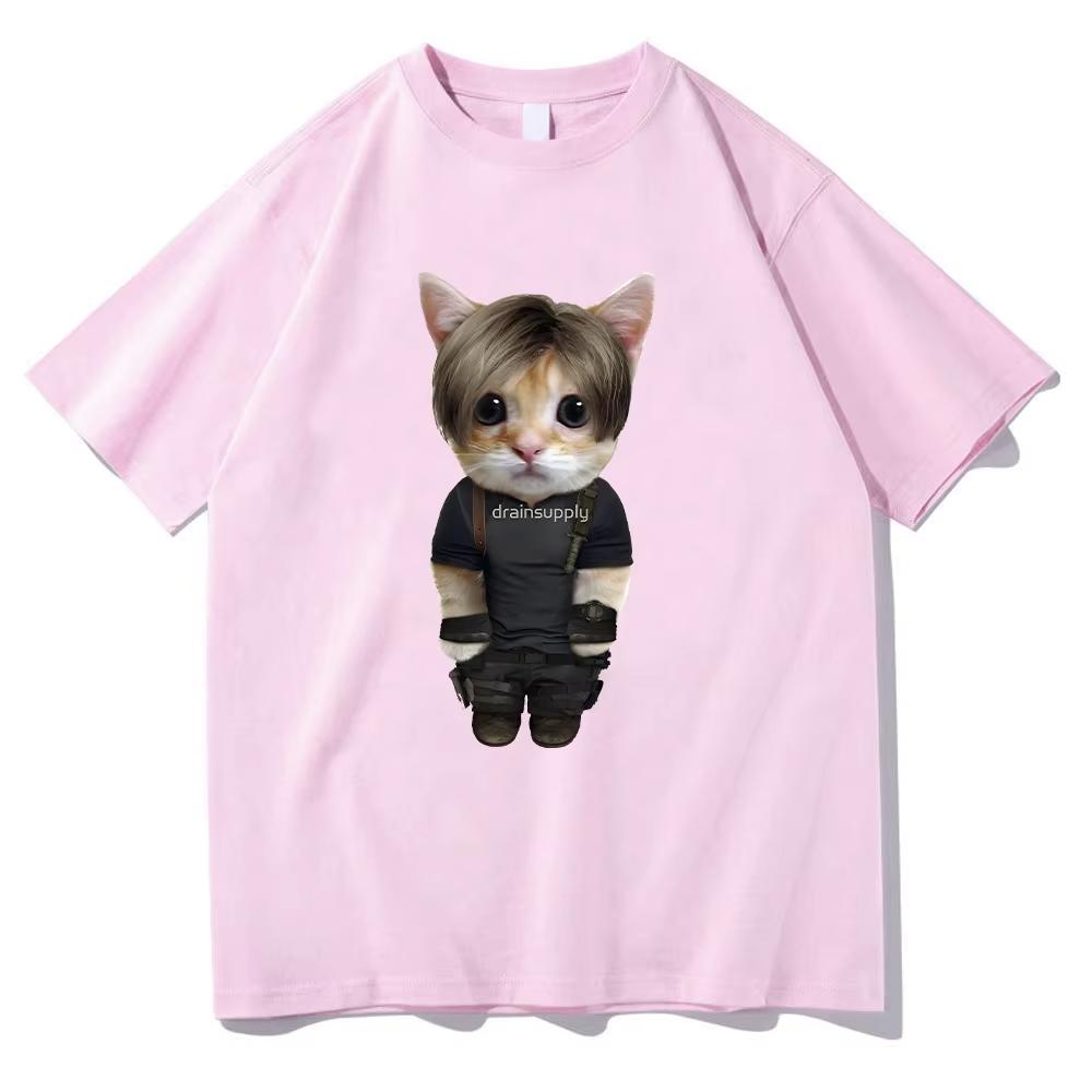 Leon Kennedy Kitty Tshirts Cartoon Funny Graphic Clothing Summer Trendy Pure Cotton Tees Harajuku Fashion Unisex T Shirts