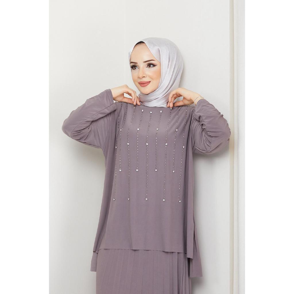 Women's Black Sandy Front Stone Embroidered Blouse Skirt Pleated Double Hijab Skirt Set