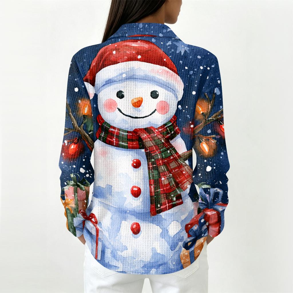 Women's Casual Button Long Sleeve Christmas Print Collared Top with Side Slits At Hem