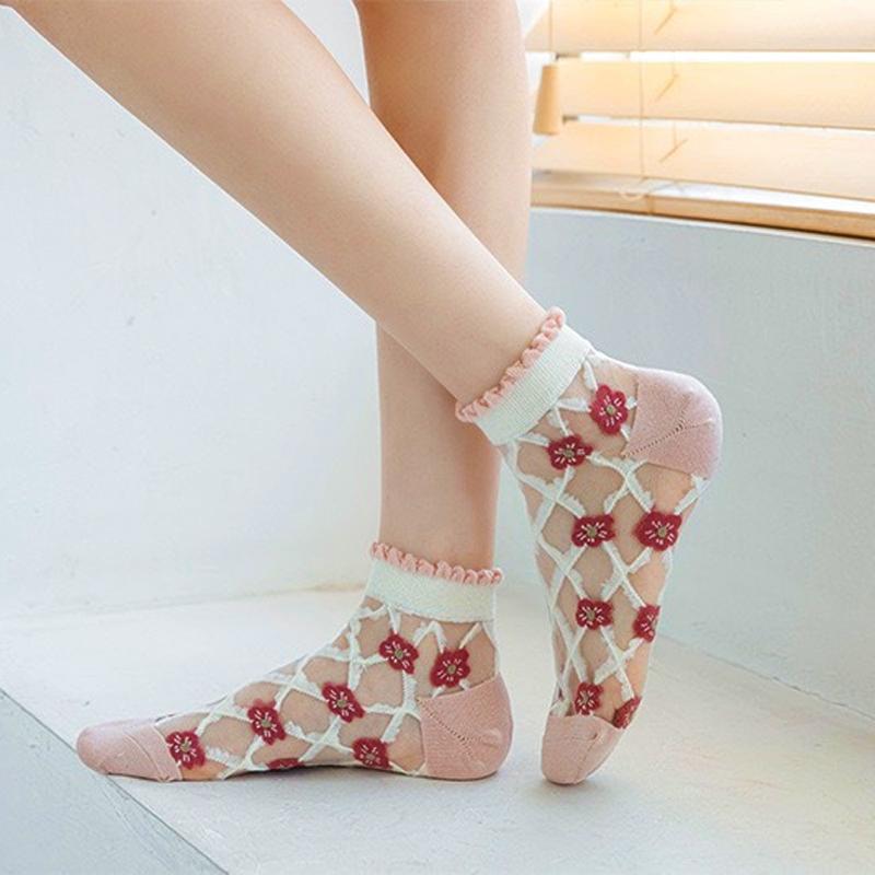 5 Pairs Women Socks Harajuku Summer Cartoon Lace Ankle Sock Casual Socks Transparent Elastic School Girl Short Socks