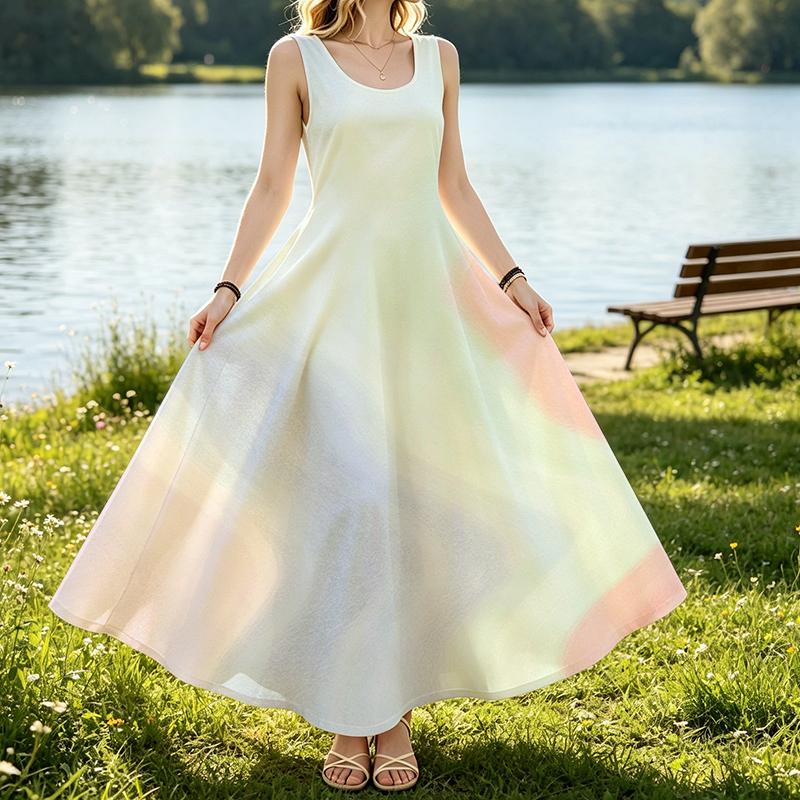 Women's U-Neck Sleeveless Solid Color Beach Dress,Soft Loose Casual Dress for Daily Outdoor & Vacation Wear