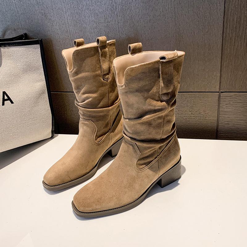 Thick Heel Brown Suede Mouth Pile Medium Tube Martin Boots Women's Boots Autumn New High Heel Short Boots Skinny