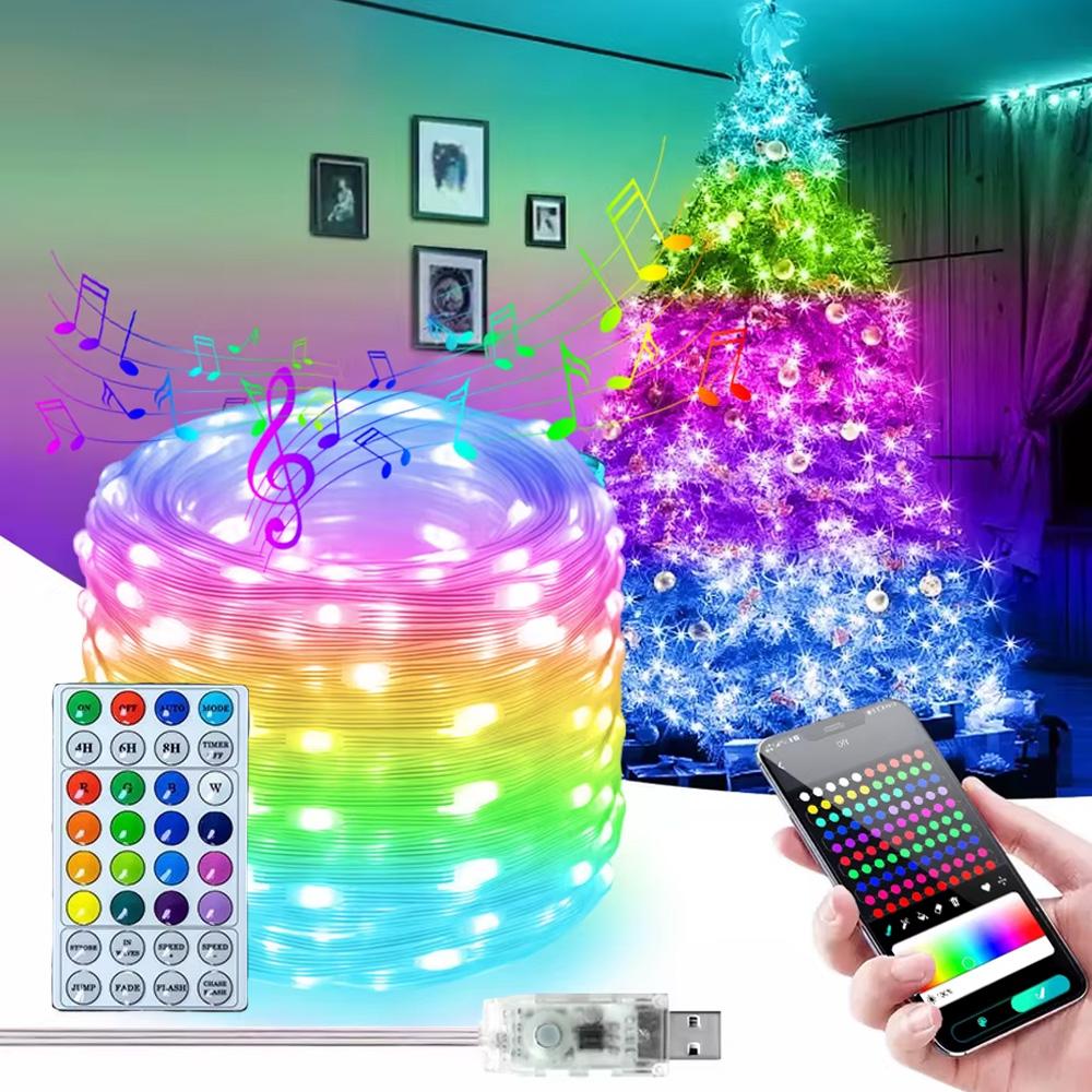 USB RGB IC Měnící barvy Vánoční světelný řetěz s dálkovým ovládáním se 32 tlačítky pro vánoční svatbu, párty, herní místnost, dekorace
