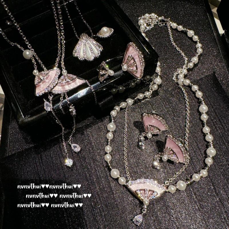Vintage Shell Pearl Mother Of Necklace Earrings Ring Set French Retro Jewelry Women