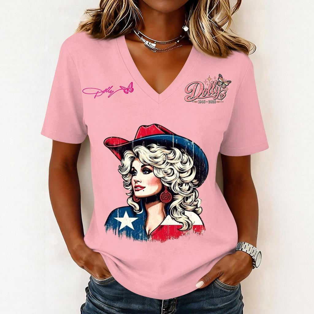 Women's Trendy Casual V-Neck Short Sleeve Letter Print Pullover Top for Everyday Wear