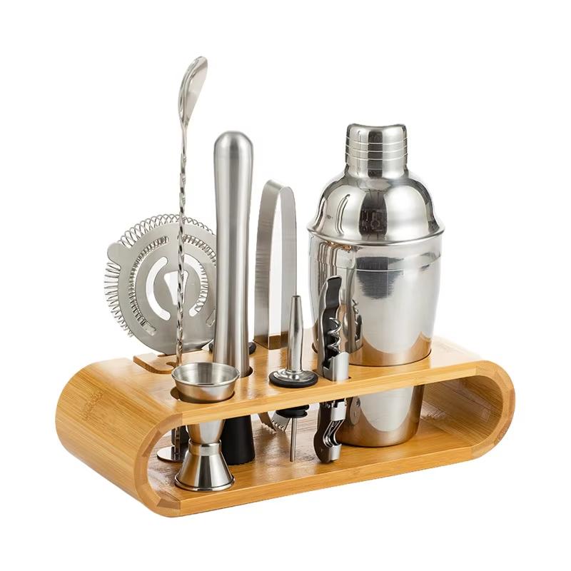 

10pcs Bartender Shaker Set Stainless Steel Cocktail Pourer Muddler Jigger with Wood Stand for Bar Home Party Mixing Drinks Tools 350ml