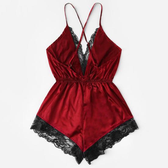 Women Sexy Pajamas V-neck Sling Sleeveless Bodysuit Faux Satin Lace Stitching Romper Sleepwear Wide Leg Backless Nightwear