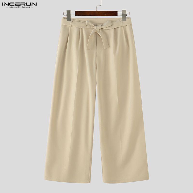 INCERUN Men's Zip-up Waist Casual Pleated Trousers Loose Wide Leg Pants with Belt Slacks