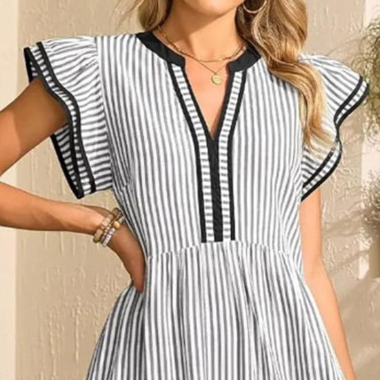 Abito Midi a Strisce da Donna Manica a Sbuffo a Cappuccio Scollo a V Svasato Lungo Abito Estivo per Vacanze al Mare Abito a Sbuffo Fluttuante