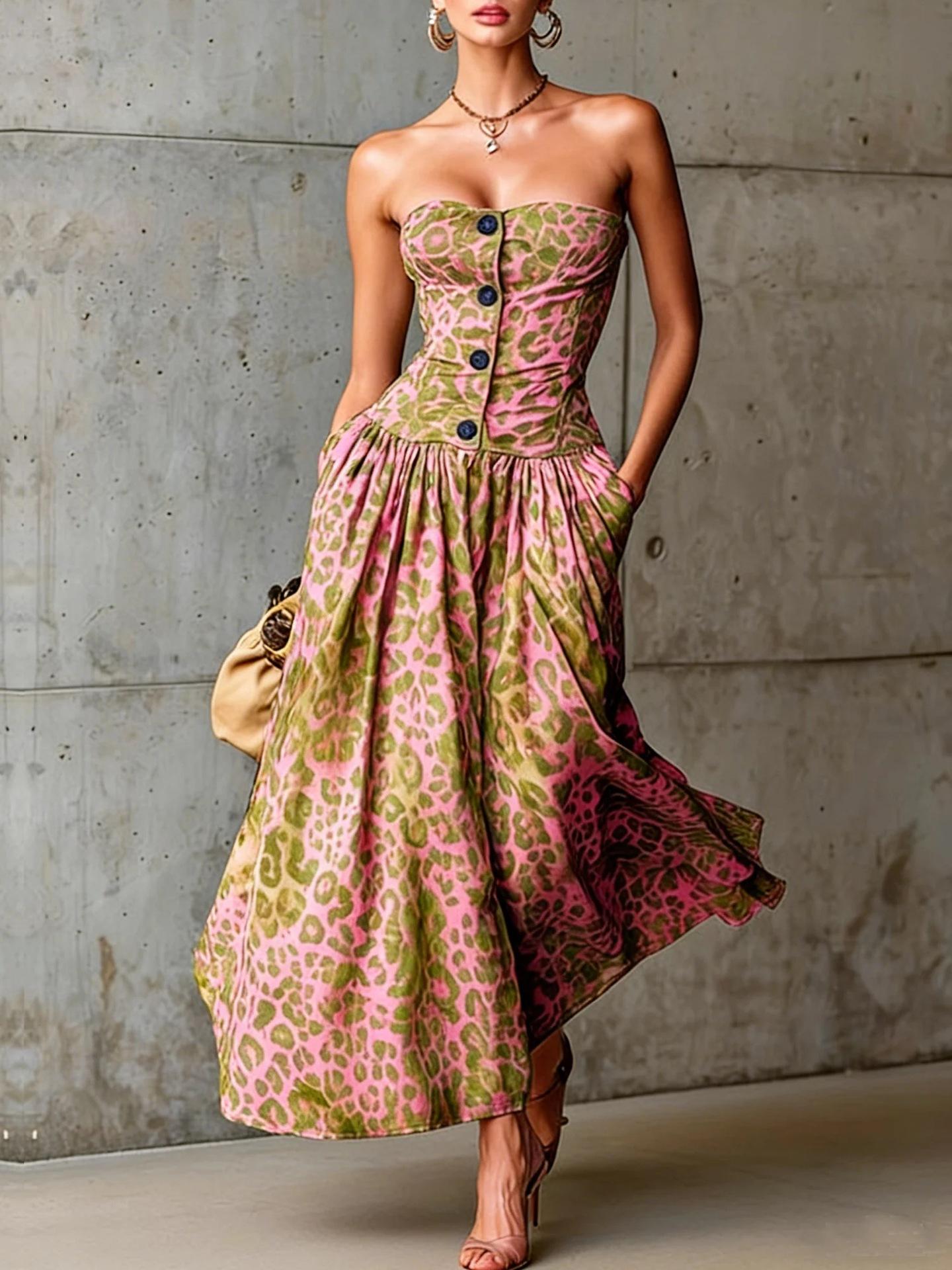 European French retro holiday style leopard print strapless long dress women s summer new slim skirt S
