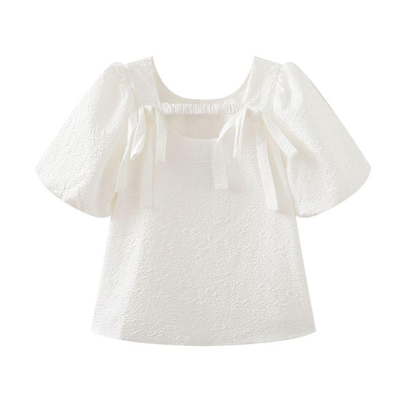 

La Chapelle White Lace-up Short sleeve Shirts Women Summer New Elegant All-Match Top White S