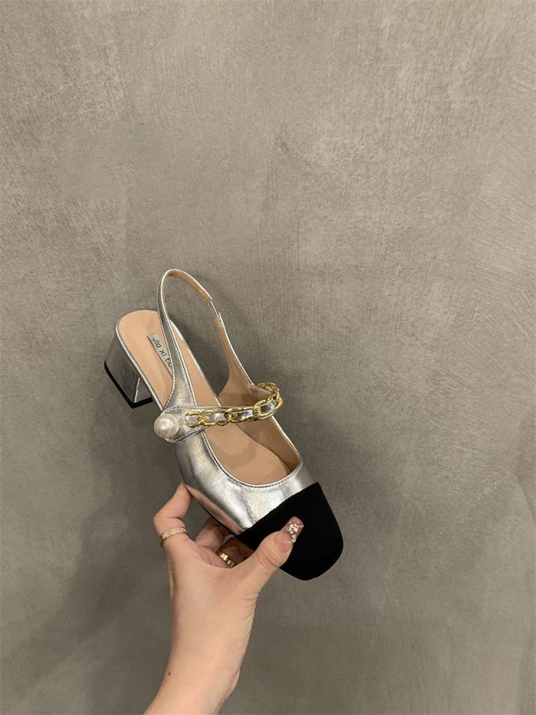 Silver pearl retro Mary Jane rear empty single shoes women's summer 2025 new high-end Xiaoxiangfeng bag head sandals