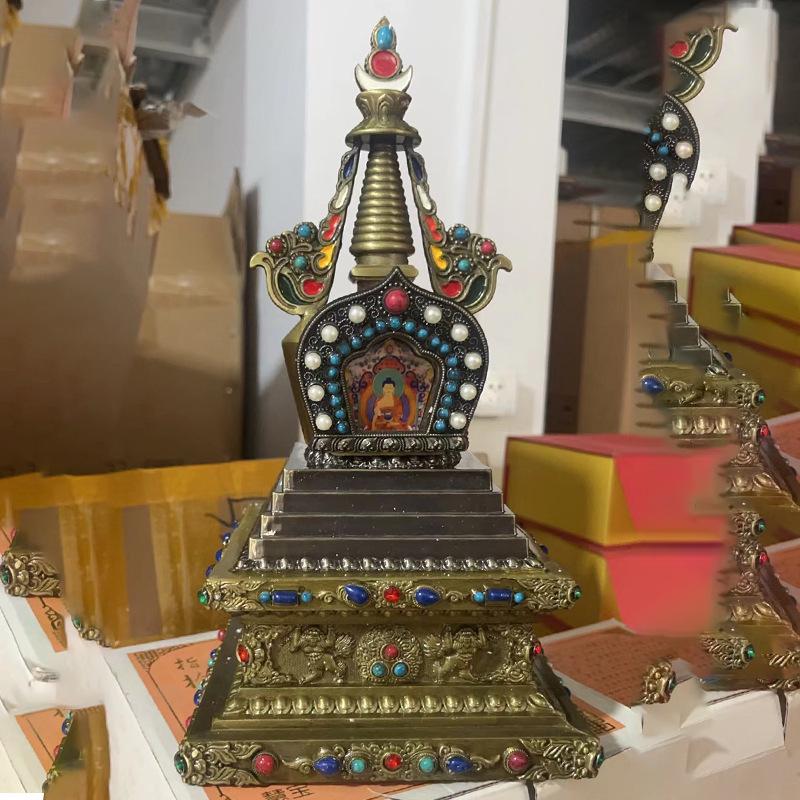 Stupa Sarira Tantrico Tibetano: Porta reliquie oro/bronzo per decorazione buddista domestica.