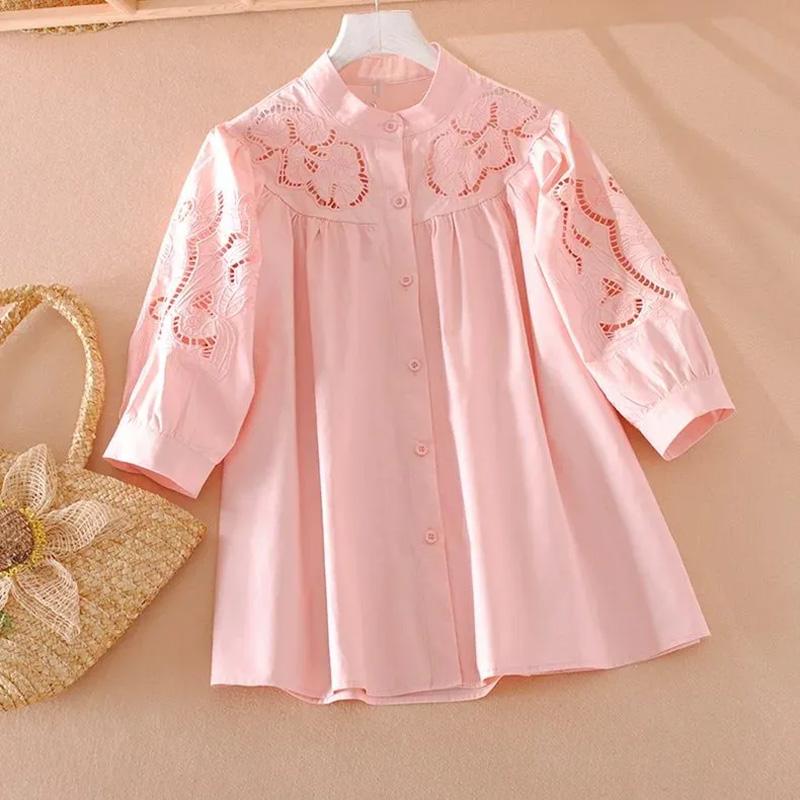 Cotton Shirt Women Summer Oversize Loose Casual Embroidery Loose Casual Soft Loose Shirt Top