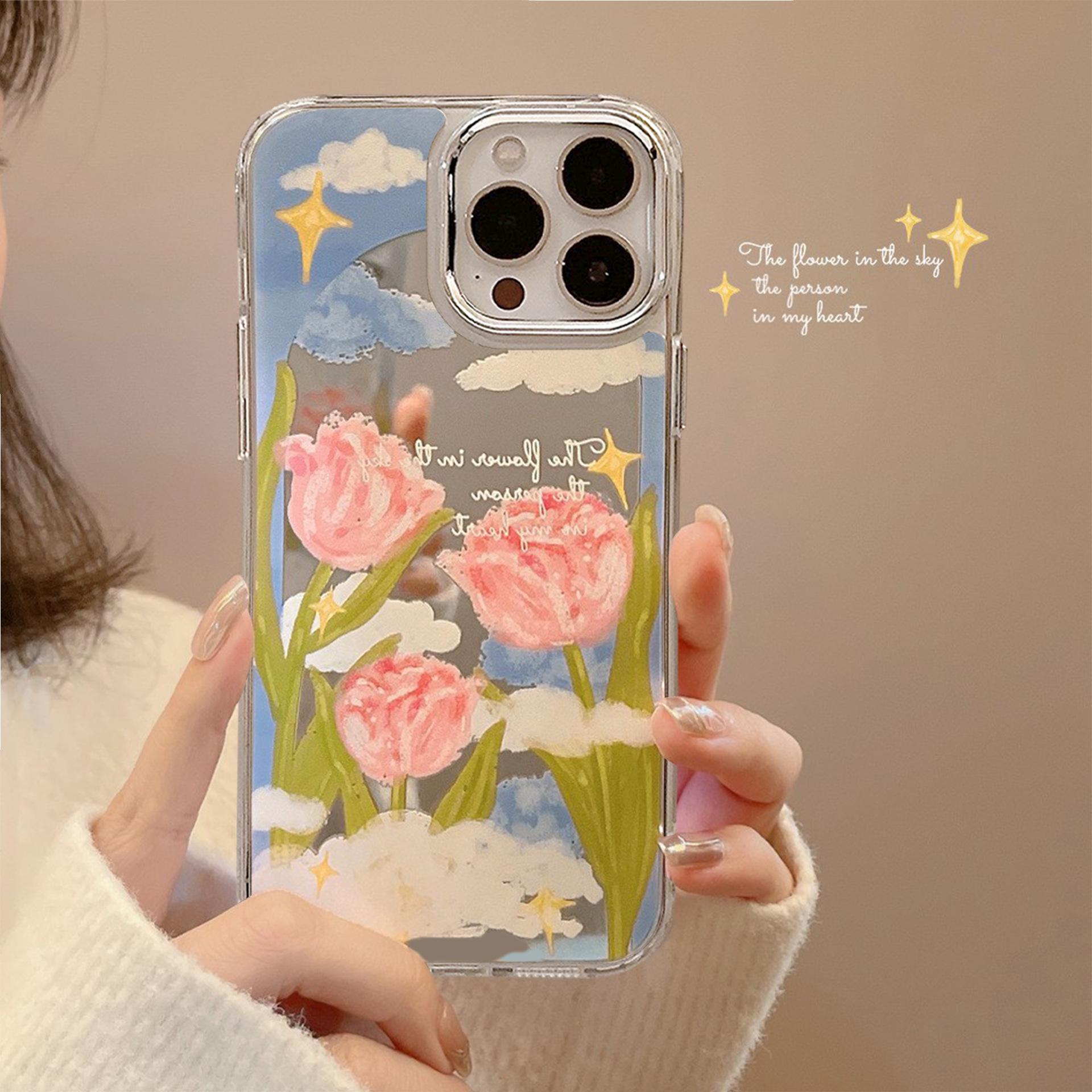 

Ins Literary Tulip for IPhone17 for Apple 16 Mobile Phone Case 15Promax Silicone 11 Makeup Mirror 16plus