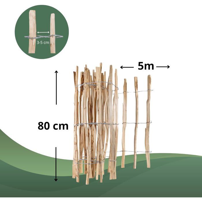 Clôture De Jardin - CREATIVE HOME - Bois De Noisetier - Hauteur 80 Cm - Longueur 5 M - Espacement 3-5 Cm