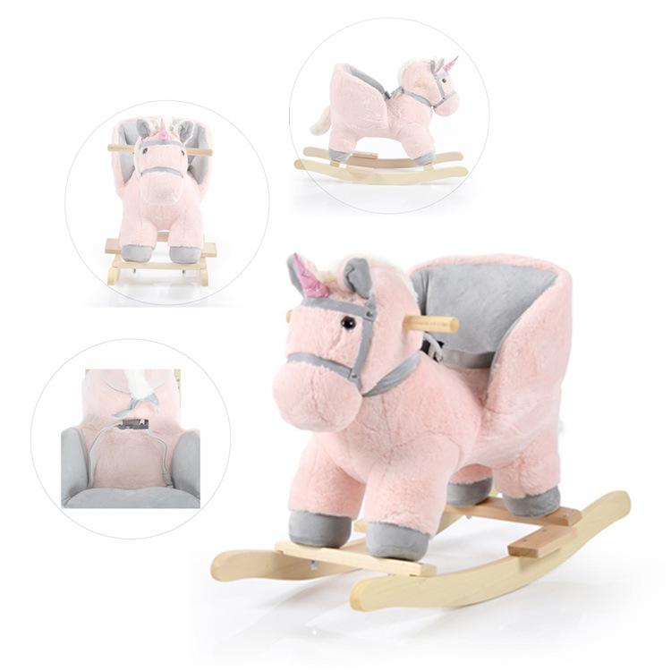 

Детская лошадка-качалка «Единорог»: Деревянная комнатная плюшевая игрушка для творческой игры и подарка на день рождения. розовый