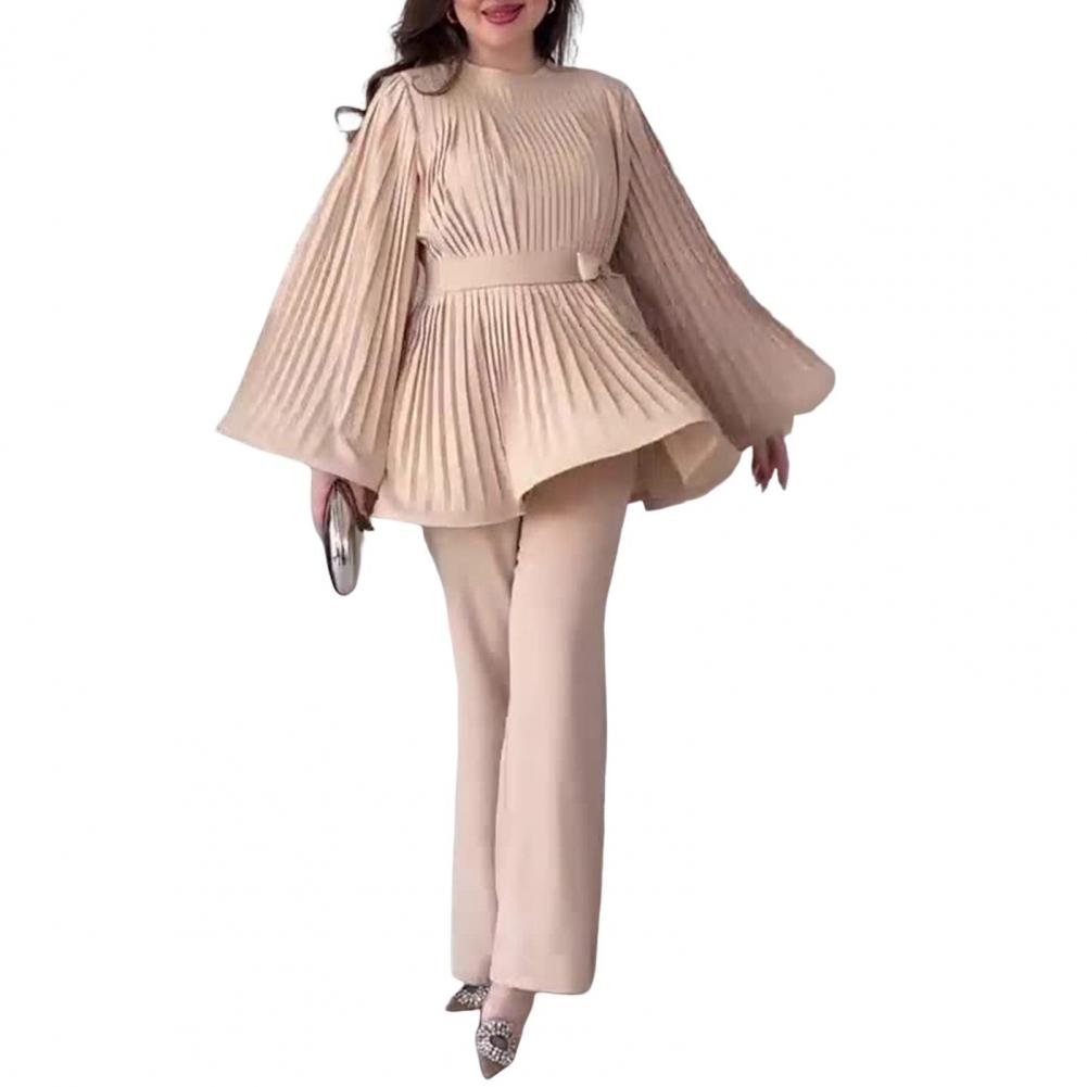 2 Pcs/Set Women Top Pants Pleated Horn Sleeves Lace-up Bow Tight Waist Big Hem Round Neck Blouse Wide Leg Solid Color Trousers O