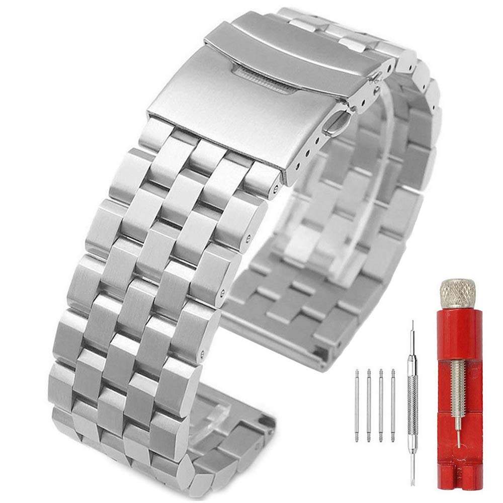 [Kai Tian] 24mm Watch Strap, Stainless Steel, Silver Buckle, Replacement Watch Band, Watch Band, Watch Clasp