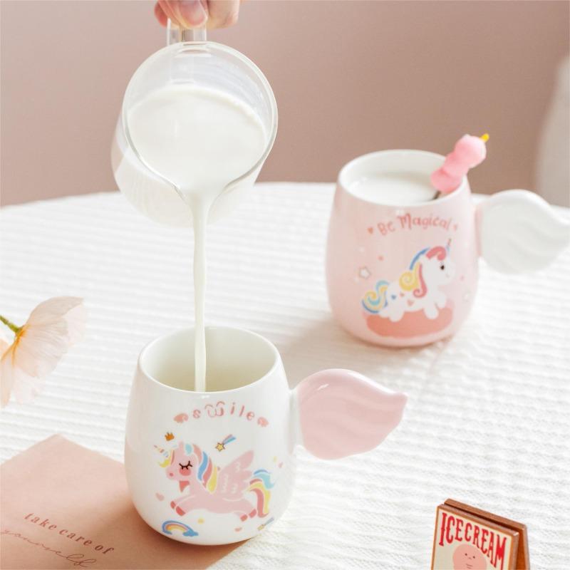 Einhorn Tasse Keramiktasse Niedliche Cartoon Tasse Hochwertig aussehende Trinktasse Becher Frühstückstasse mit Deckel Löffel