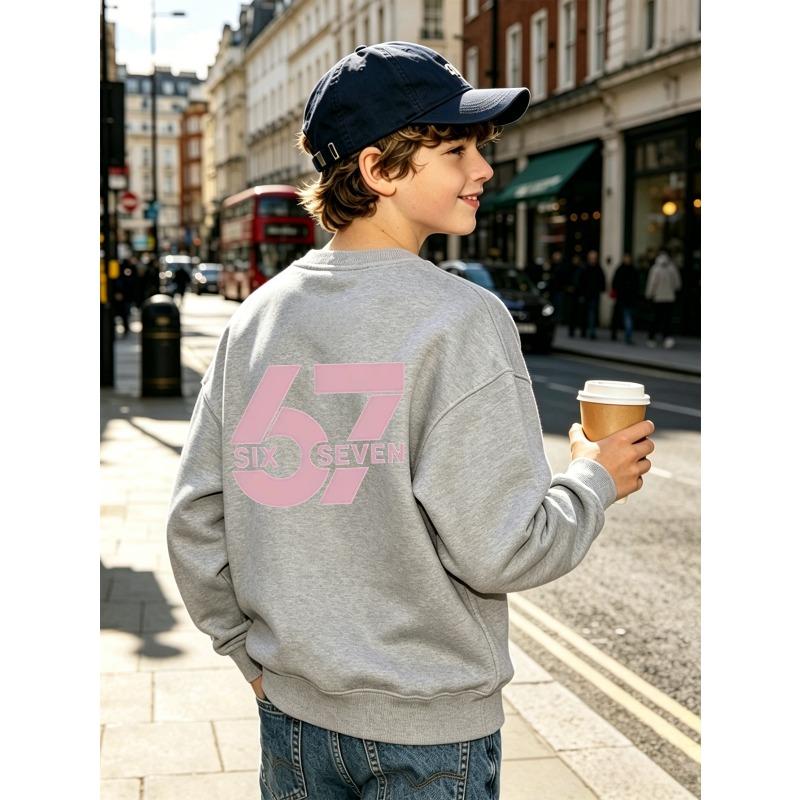 Kids Unisex Crewneck Sweatshirt, Back Print Large Pink Number 67 SIX SEVEN Long Sleeve Pullover, Boys Girls Daily Sweatshirt For Kids Over 4 Years Old
