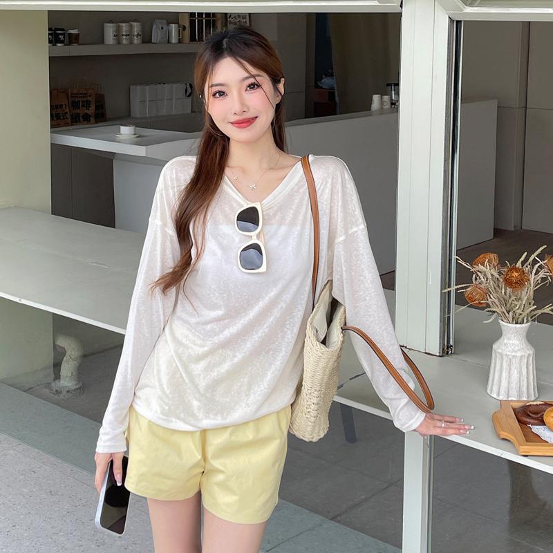 Summer Women's Loose Long Sleeve Blouse Bottom Shirt Thin Round Neck Sun Shirt Pullover Air Conditioner Hoodie