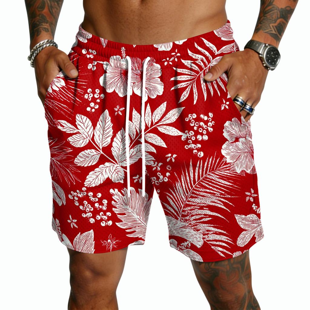 Men's Casual Hawaiian Print Drawstring Shorts Lightweight Quick Dry Mid-Length Beachwear Summer Five-Point Pants with Pockets