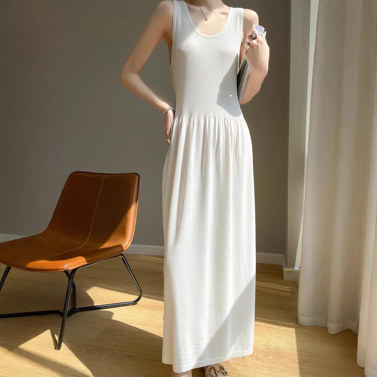 

Женское летнее трикотажное платье-майка из ледяного шелка с U-образным вырезом, с изогнутой бусиной и длинной расклешенной юбкой L suitable for 110-125 jin