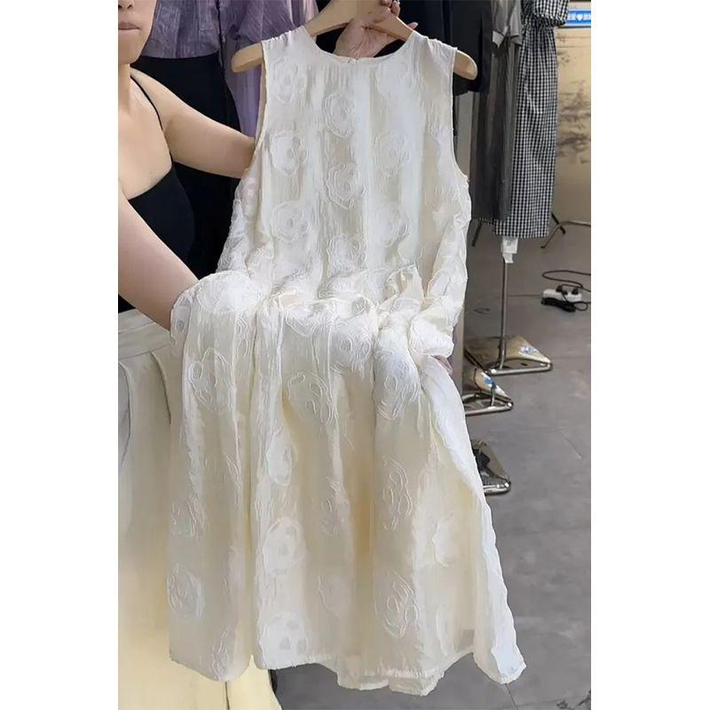 

Super Plus size 150.00kg Lace Lined High-Grade Vest Skirt Women Chubby Girl Western Style Loose Sleeveless Dress Ins Fashion Beige L(Recommendation 40-60kg)