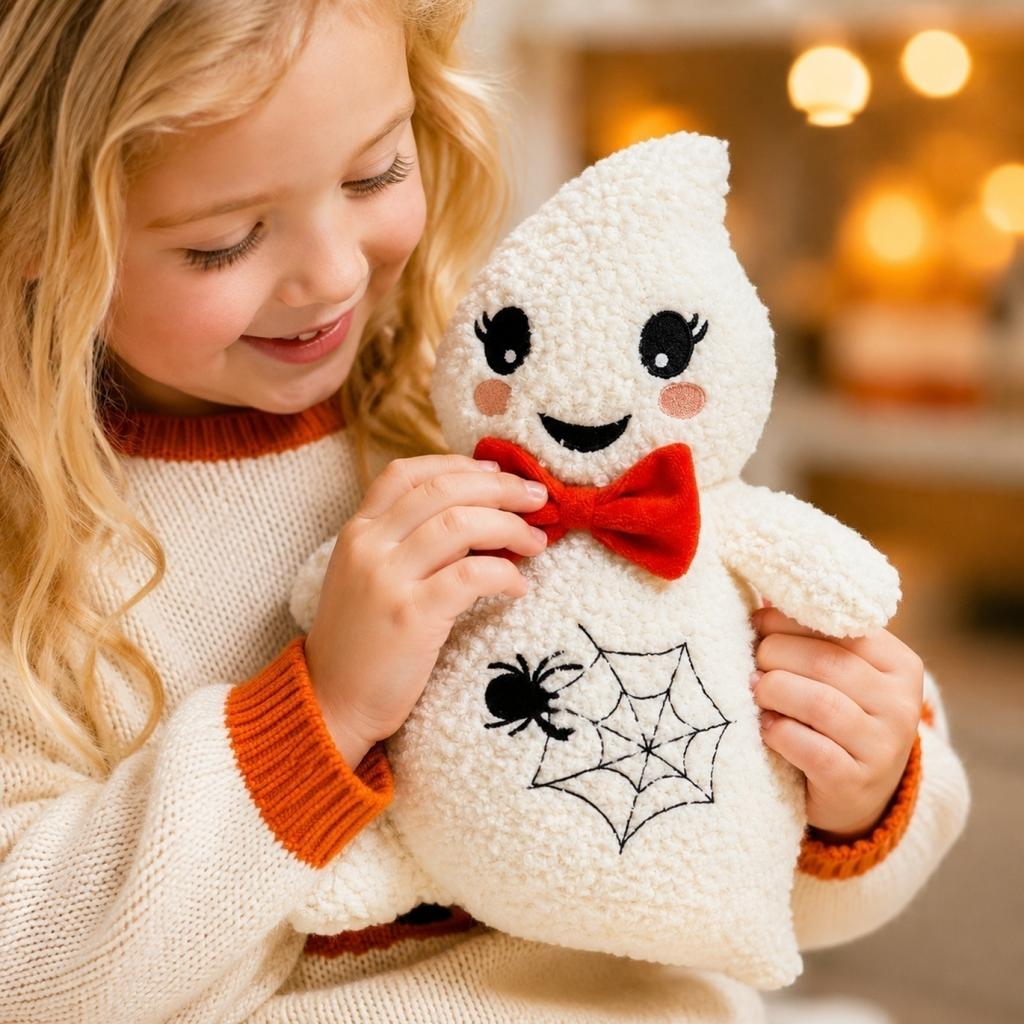 Plush Ghost Toy Halloween Stuffed Animal with Spider Web Design and Bow Tie Soft Fabric Gift for Holiday Decoration and Collectible
