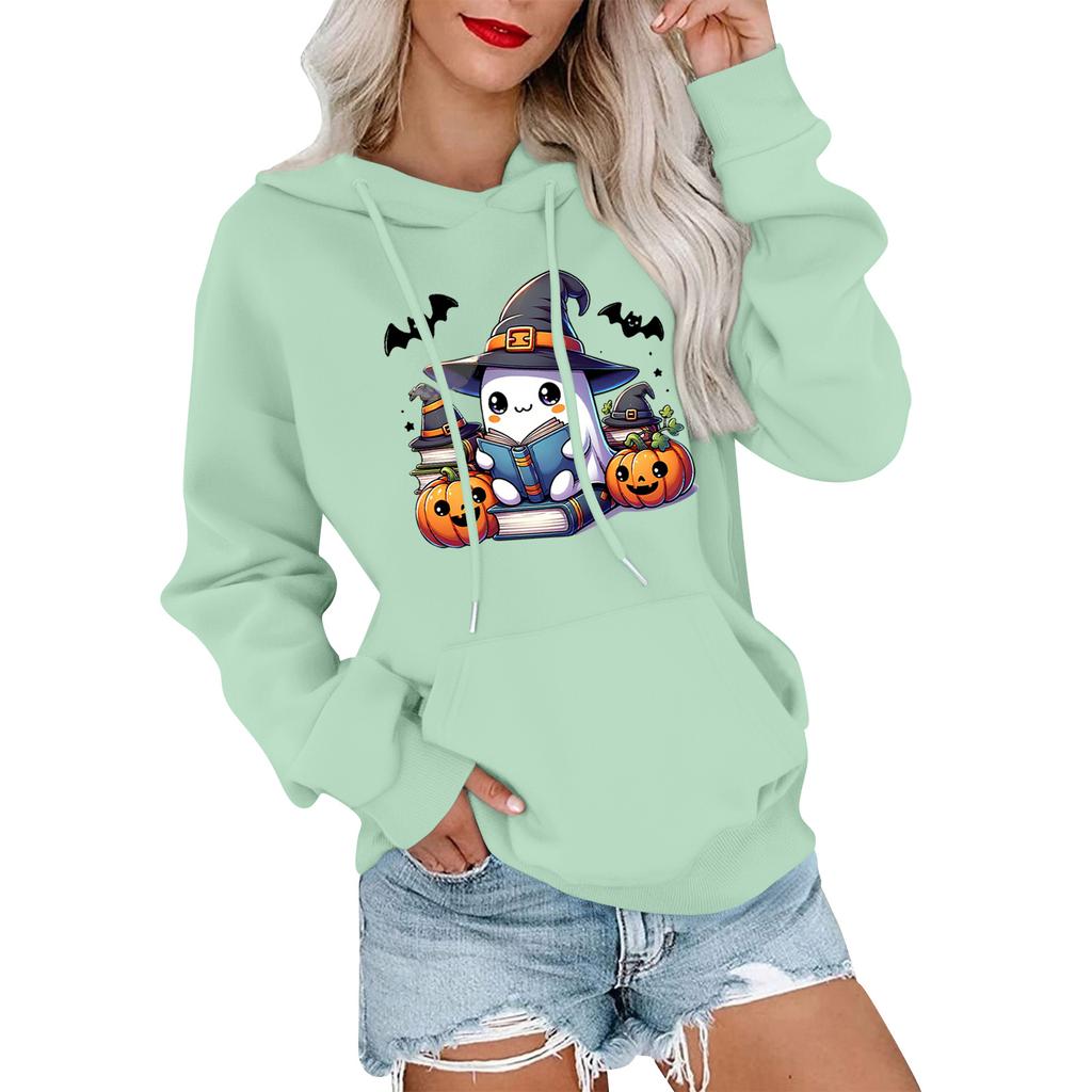 Dámský módní, ležérní, pohodlný svetr s kulatým výstřihem, s kapucí, s dlouhým rukávem, s halloweenským potiskem, hřejivý