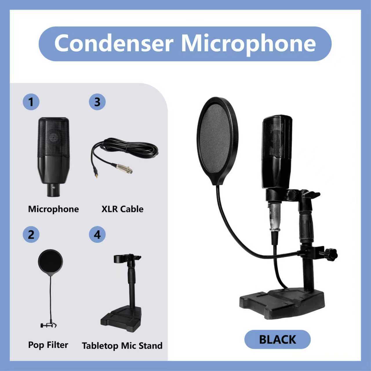 

48V Large Diaphragm Condenser Microphone with Sound Card for Live Broadcast and Recording